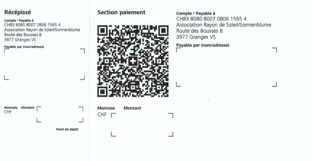 Bulletin de versement QR-facture de l'Association Rayon de Soleil, compte CH83 8080 8007 0806 1565 4.